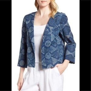 Eileen Fisher Indigo Hand Printed Organic Cotton Open Front Jacket
